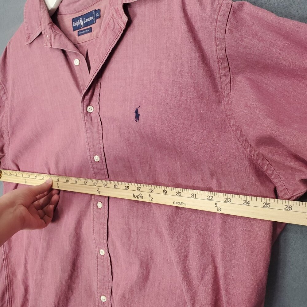 RALPH LAUREN Mens Button‎ Up XL Chambray Salmon Short Sleeve Collar Cotton Logo - Picture 4 of 10